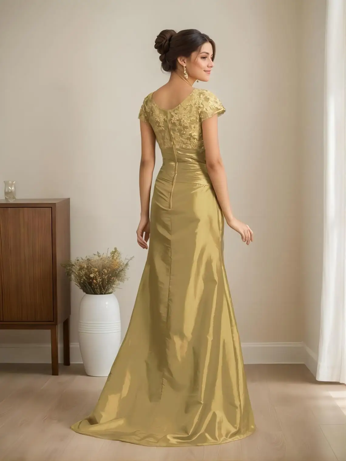 Elegant Mermaid ชุดราตรีอย่างเป็นทางการซาติน Scoop คอแขนสั้นจีบ Sweep Train งานแต่งงานชุด 2025 ฟรีที่กําหนดเอง