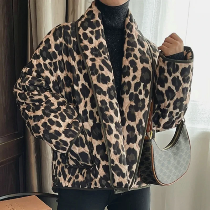 EWQ European Style Fashion Leopard Print Cardigan Cotton Parka Jacket Thin Cotton-padded Coat Top Women Winter 2024 Autumn New