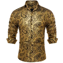 Luxury Yellow Paisley Long Sleeve Silk Shirts for Men Slim Fit Turn Down Collar Western Cowboy Dress Shirt for Wedding Prom