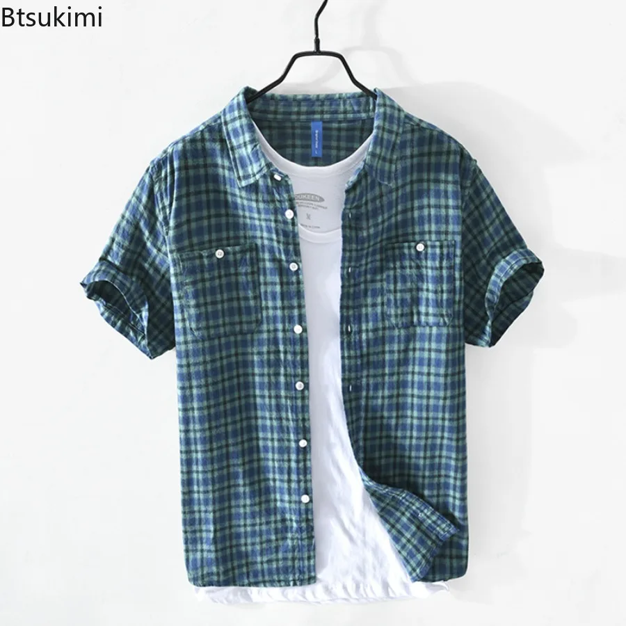 High Quality 100% Cotton Short Sleeve Shirts for Men Spring Summer New Casual Lapel Shirt Coats Vintage Plaid Male Cardigan Tops