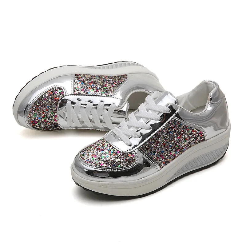 Women's Sports Sequin Light Slip On Low Heeled Sneakers Shoes Mirror Shake Streetwear Walking Vulvanized Shoes
