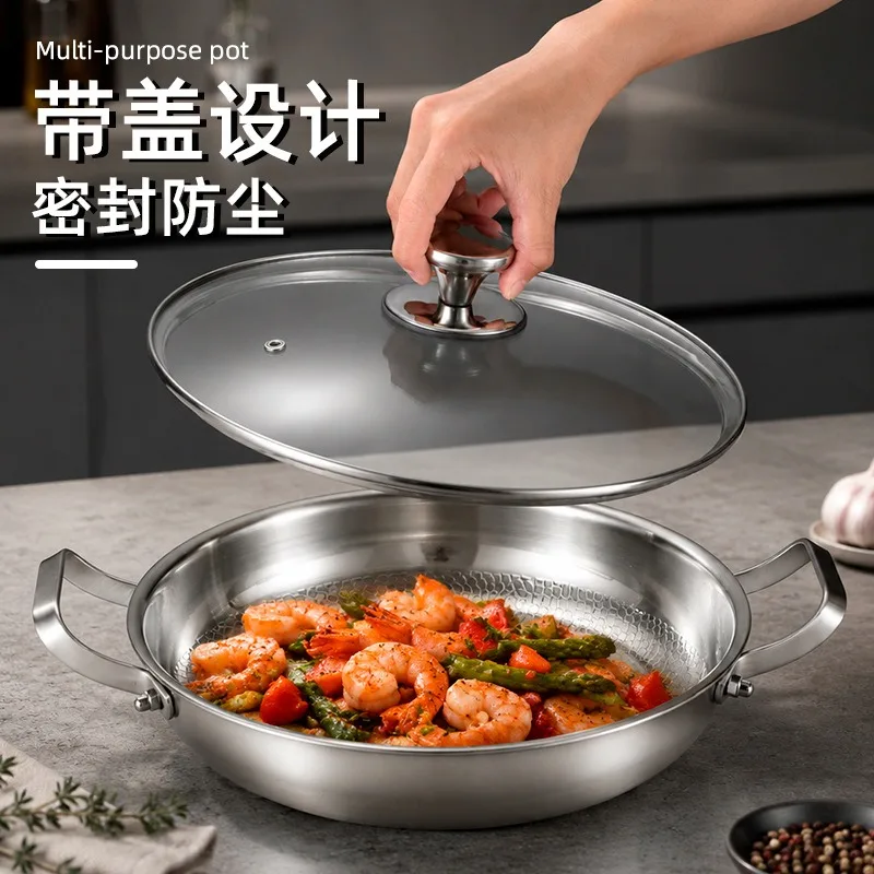 Thickened double ear frying pan with titanium hammer pattern and 0 coating anti sticking stainless steel flat bottomed pan