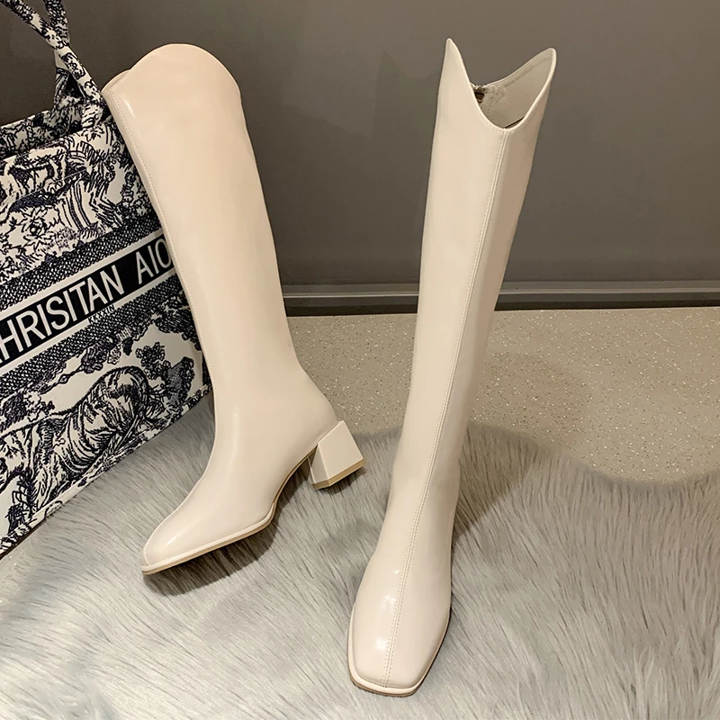 Square-toe Women Knee-length Boots Rear Zip Square Heel Mid-calf Boots New Knight Boots Black Shoes Plus Velvet Warm Women Boots