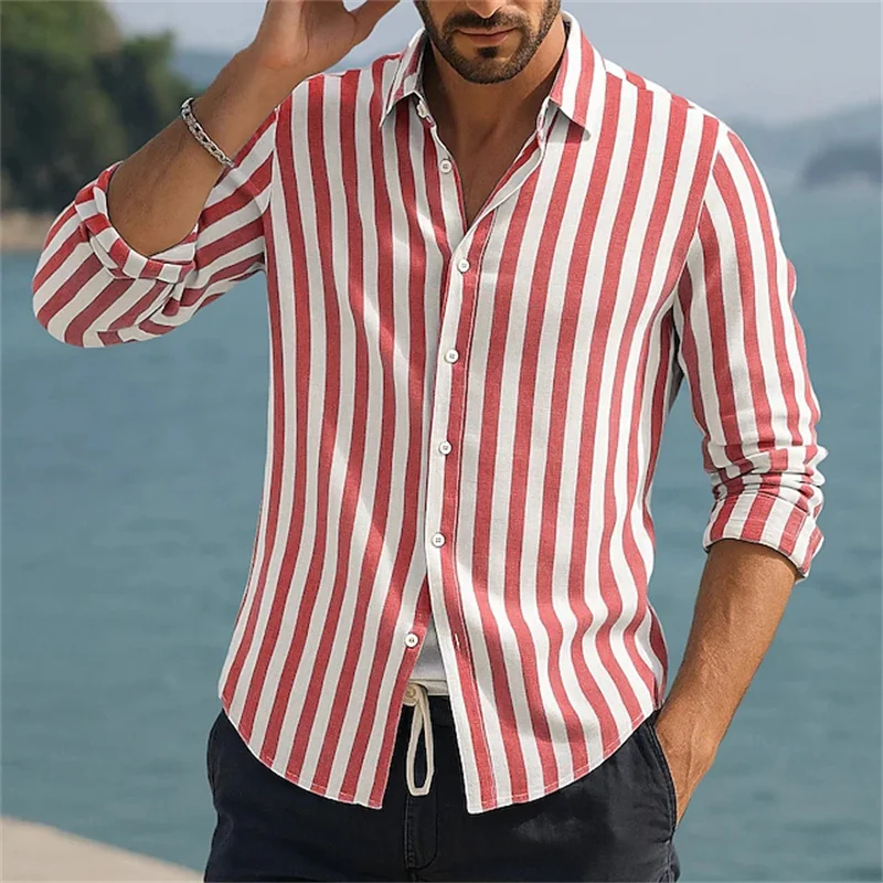 Men's Summer Beach Button Shirt Vertical Stripes Vacation Cruise Black Pink Red Blue Long Sleeve Lapel Shirt