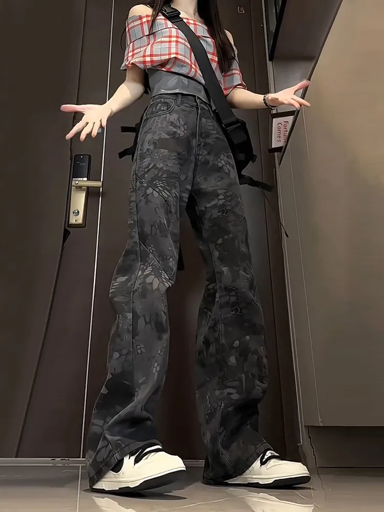 

American Sle Snake Skin Embroidered Jeans High Waist Wide Leg Pants for Men Youth Faion Straight Cut Trousers