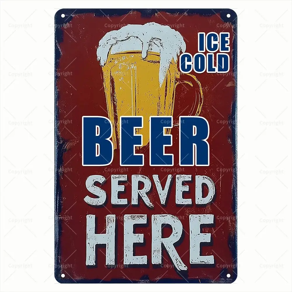 Vintage Tin Sign - Ice Cold Beer Served Here Classic Beer Glass Retro Metal Sign - Humorous Tin Sign for Beer Drinkers - Wall De