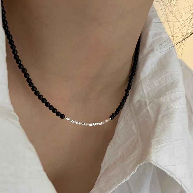 925 Sterling Zilveren Ketting Zwarte Kralen Vierkant Onregelmatige Punk Geometrische Voor Vrouwen Meisje Sieraden Dropshipping Groothandel