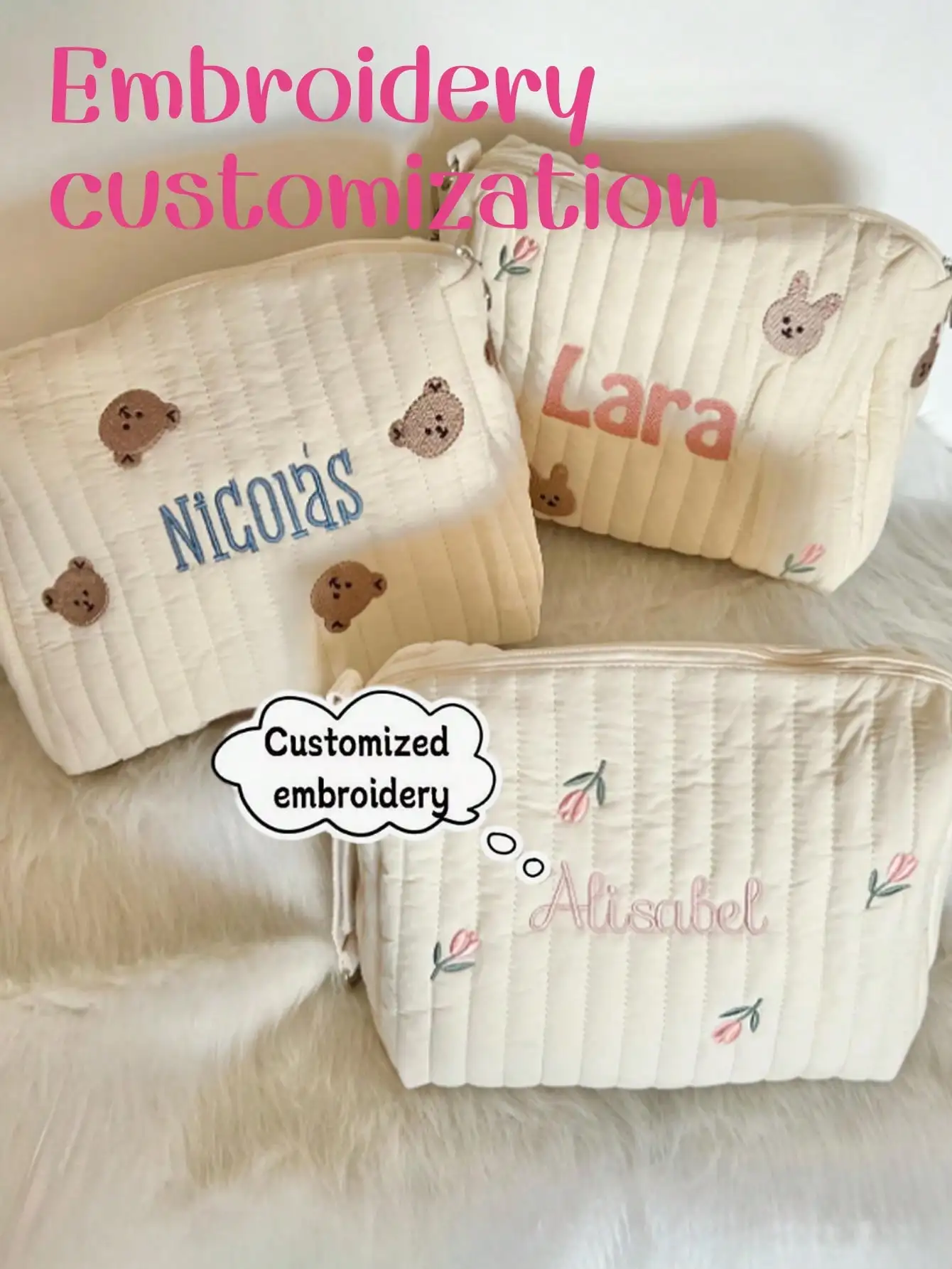 Custom Name Embroidery Baby Diaper Bag Quilted Storage Pouch Cute Bear Cosmetic Bag customize Mommy Organizer Gift view 3
