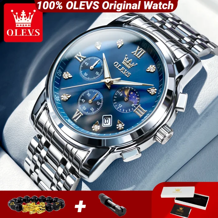 

OLEVS 2858 Мужские часы Классические многофункциональные часы с фазой Луны Водонепроницаемые роскошные кварцевые мужские часы из нержавеющей стали