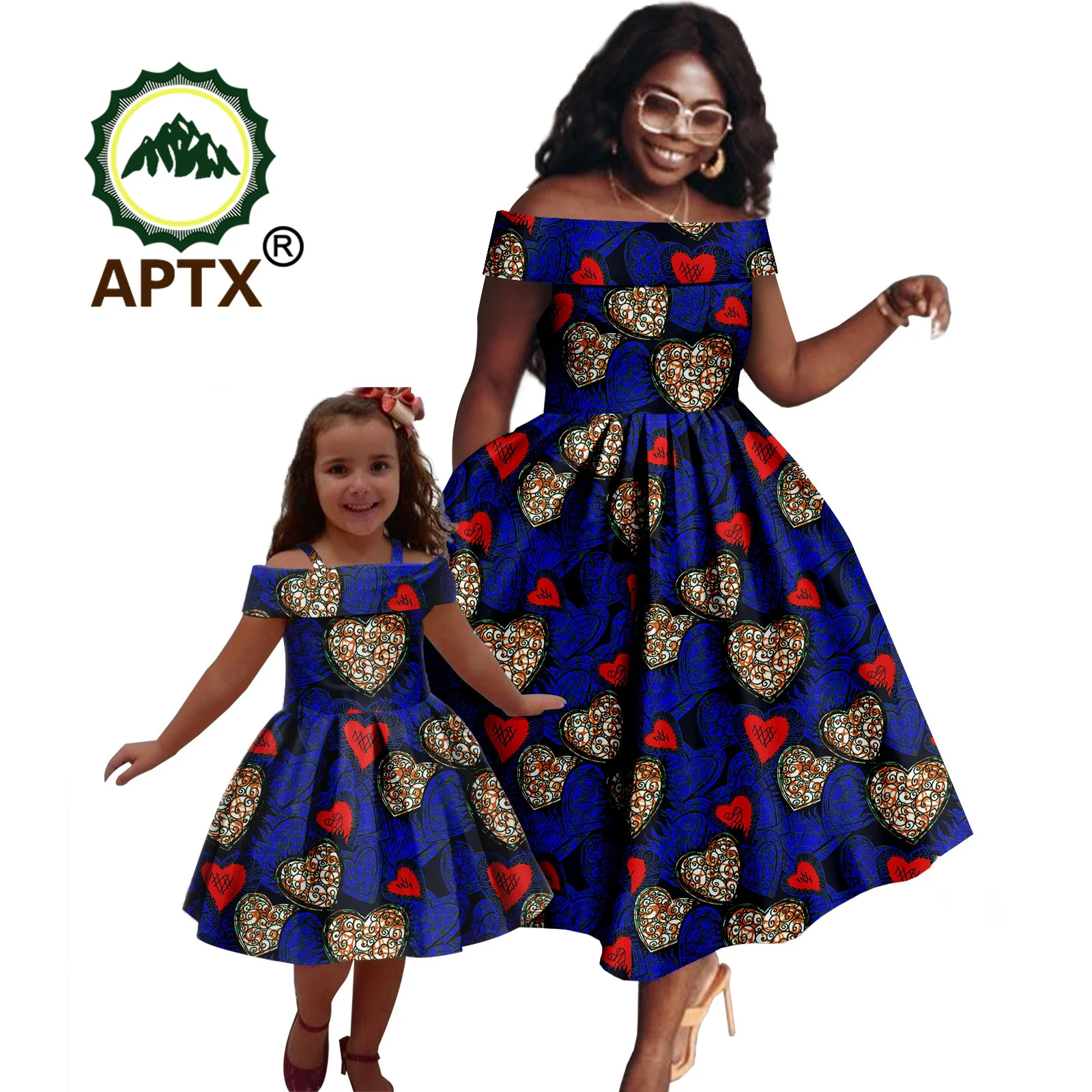 

African Dashiki Family Matching Clothes Mom and Daughter Outfit Ankara Print Women Off Shoulder Party Dress with Pocket F234005