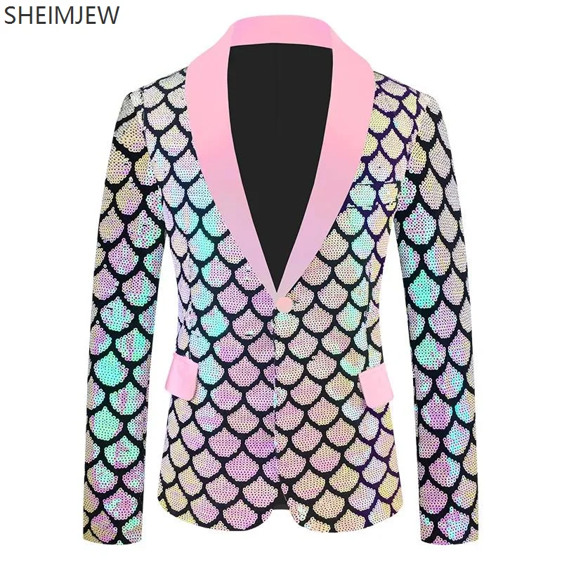 Velvet Phantom Double-sided Fish Scale Sequins Shining Personality Men Suit Wedding Banquet Stage Performance Party Dress Jacket