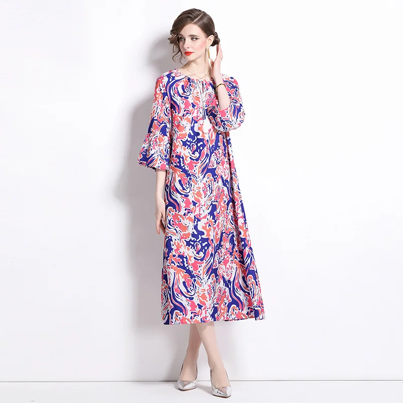 Europe And America New Fashion Vintage Boho Holiday O Neck Three Quarter Casual Loose Summer Women Print Long Dresses