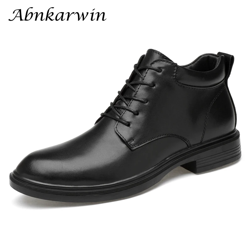 Plus Big Size 47 48 49 50 Genuine Leather Men Ankle Boots Casual Autumn Winter Plush Pure Black Fashion Real Cow Leather