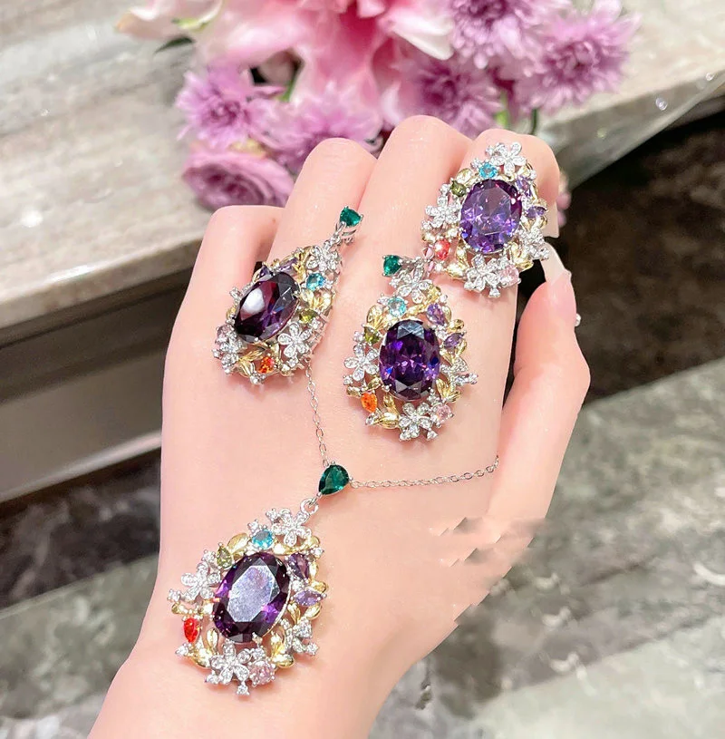 2024 Women Rainbow wreath Gemstone Necklace 18K Gold Plating Grape Purple Zircon Flower Ring Earrings