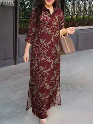 ZANZEA Floral Print Casual Long Vestidos Pure Cotton Vintage Slit Hem 2024 Fall Shirtdress 3/4 Sleeve Women Vacation Maxi Dress