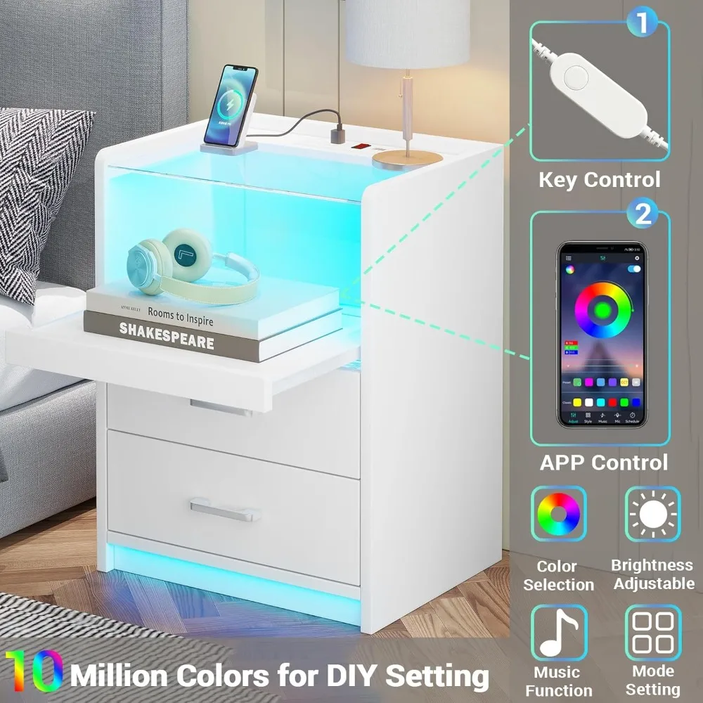 منضدة حديثة بإضاءة LED مع قاعدة شحن وصينية قابلة للسحب ودرجين للاستخدام بجانب السرير #3