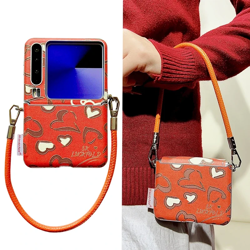 Luxury Gold-plated heart pattern Case for Samsung Z Flip7 zflip6 zflip5 Oppofindn2flip/n3flip/Xiaomi Mix Flip 2 Cover Orange