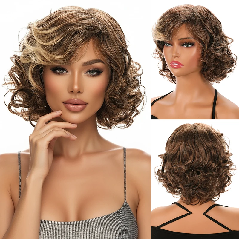 Wig Short Curly Hair European and American Fashion Explosion Head Golden Curly Hair Female Synthetic fiber wig