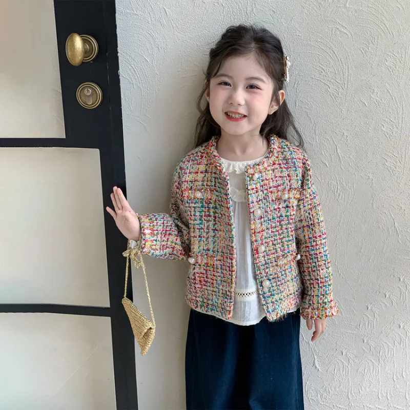 2026 New Spring‑Autumn Baby Girls Colorful Dotted Outerwear, Stylish Tweed Style Top For Little Kids Girls Spring Outfits