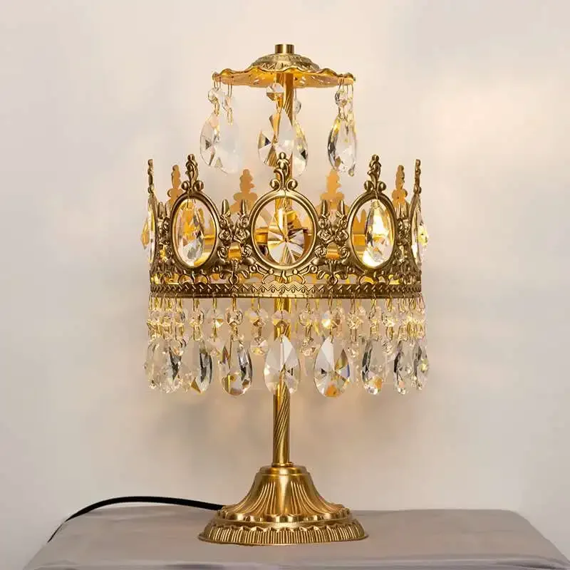Retro French all brass Princess Room crown crystal table lamp  modern light luxury living room bedroom bedside table lamp