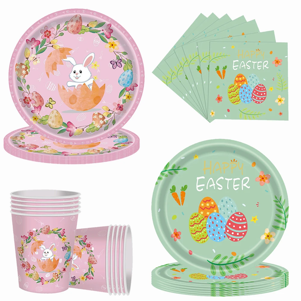 Easter Party Supplies Disposable Tableware Set Rabbit Easter Egg Pattern Paper Plates Napkins Easter Party Supplies Table Decor