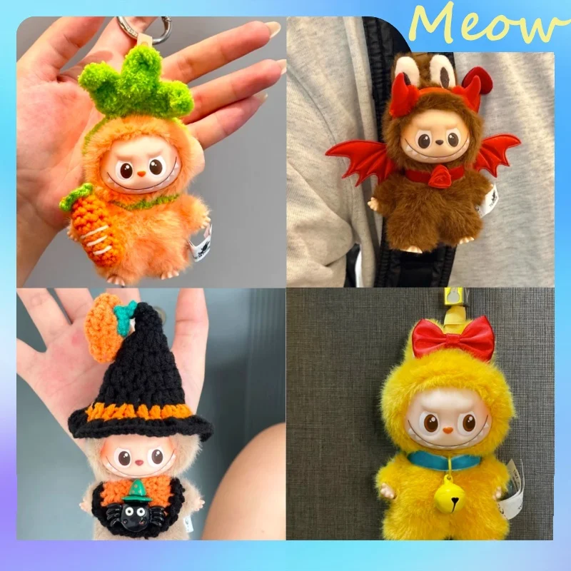 

For Labubu 4.0 Halloween Demon Costume - Vinyl Faux Fur Doll Outfit With Horn Headband Cute Clothing For 10cm Figures Accessorie