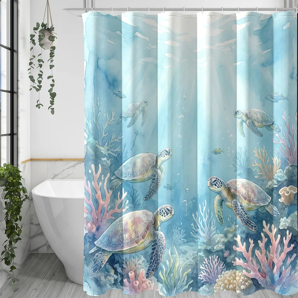 1 Sea - Turtle and Coral Underwater World Pattern Printed Shower Curtain, Watercolor - Style Home Decor Shower Curtain, Includin
