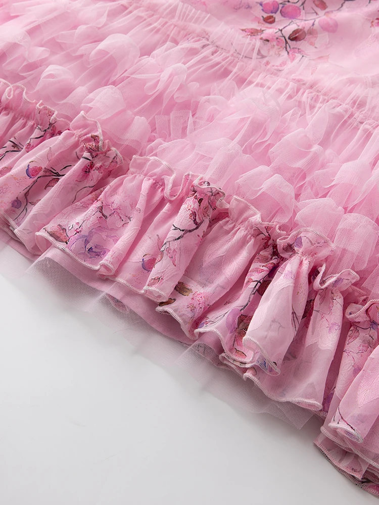 DSXDFACAIRIJ المرأة خمر الجاكار فستان طويل الخامس الرقبة مضيئة الأكمام الكشكشة الأزهار طباعة الصيف موضة الحفلات الإناث