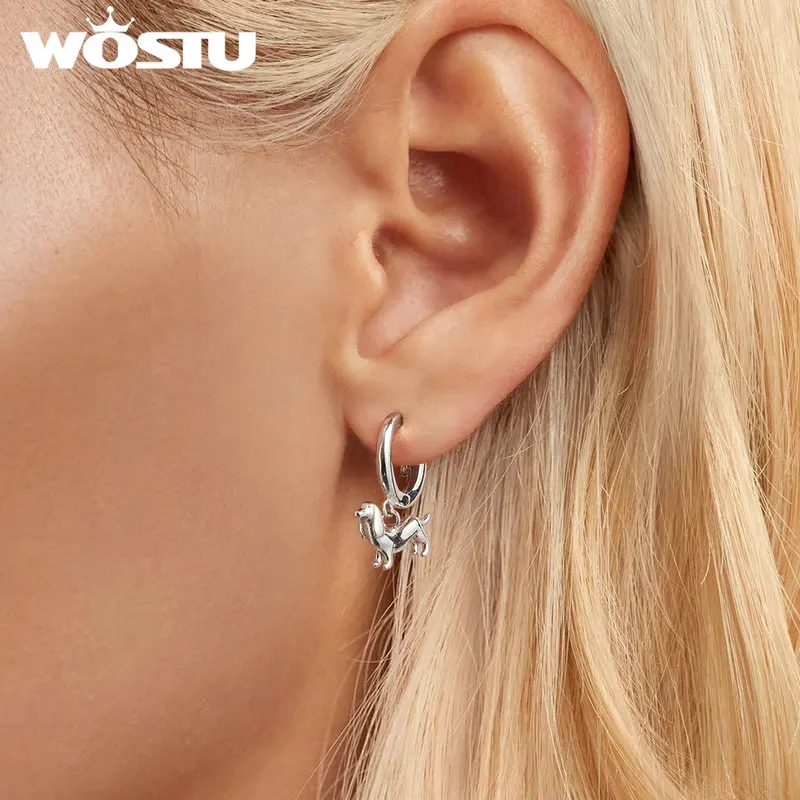 WOSTU Original 925 Sterling Silver Lying Dachshund Hoop Earrings Dachshund Ear Buckles for Women Dog Lovers Special Gift Jewelry