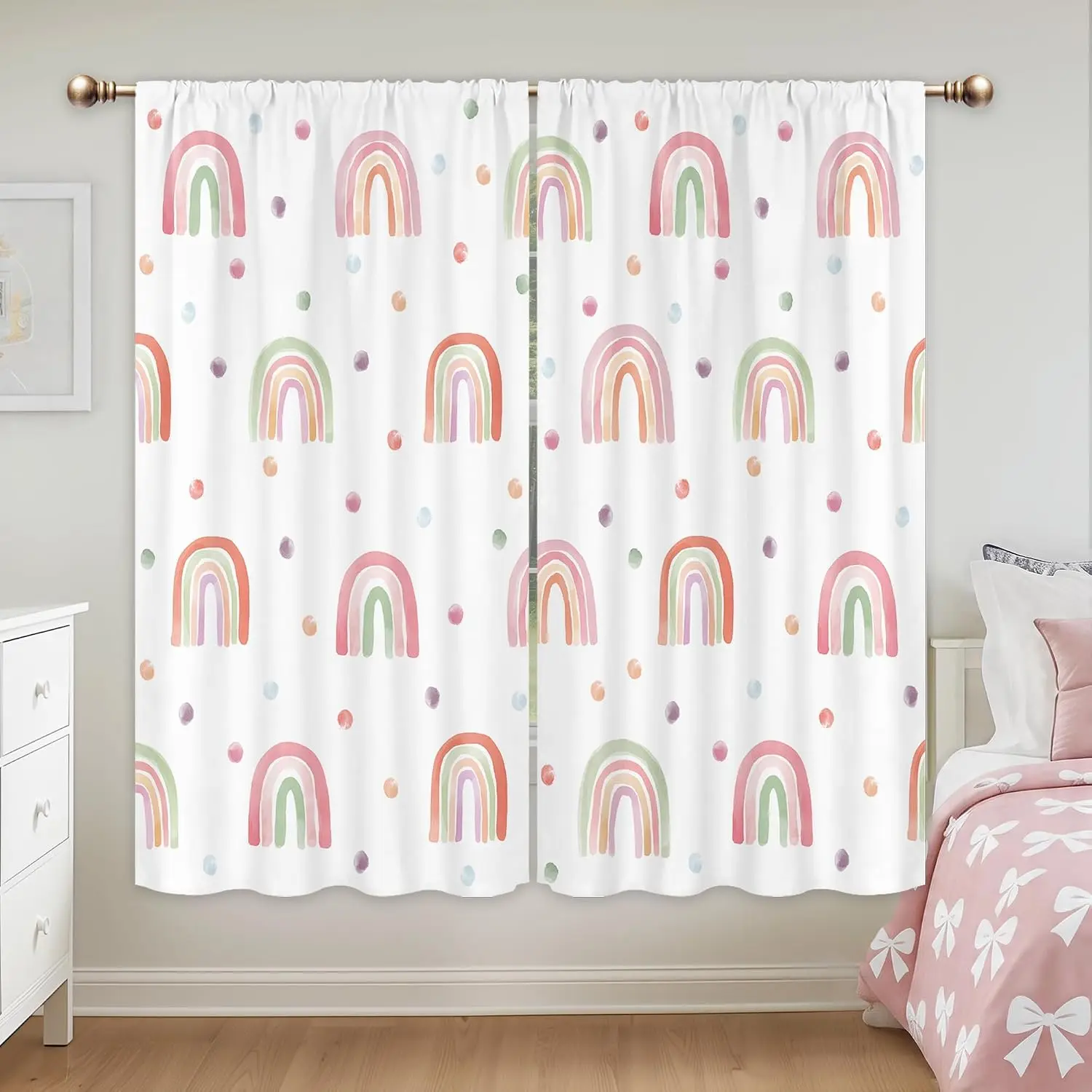Cute Kids Rainbow Curtains for Bedroom 42Wx63H Inch Rod Pocket Colorful Boho Pink Funny Polka Dot Watercolor Toddler Nursery Gir