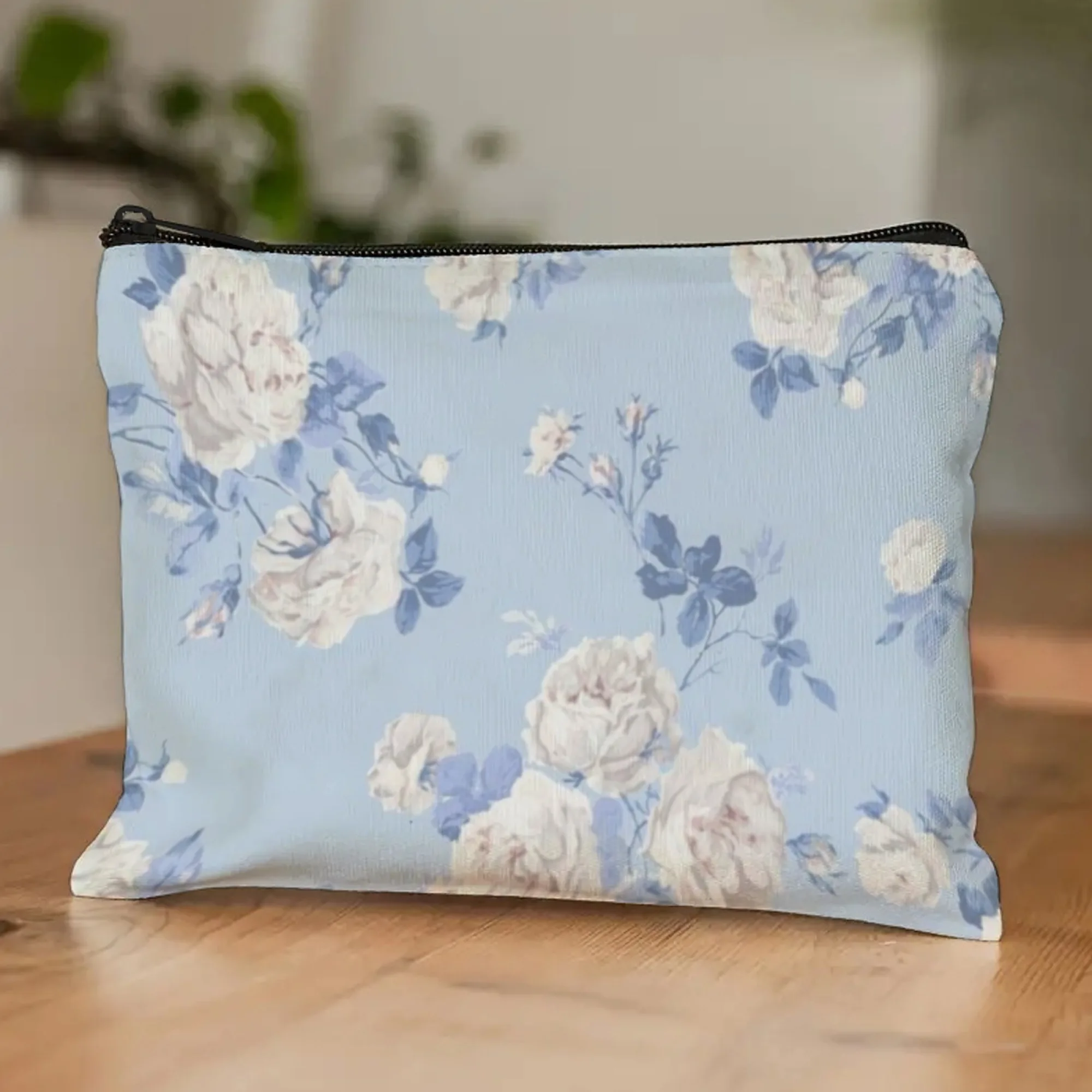 Blue and White Peony Design Makeup Pouch Romantic Vintage Style Delicate for Bridal Trip Shower Gifts & Vanity Organization
