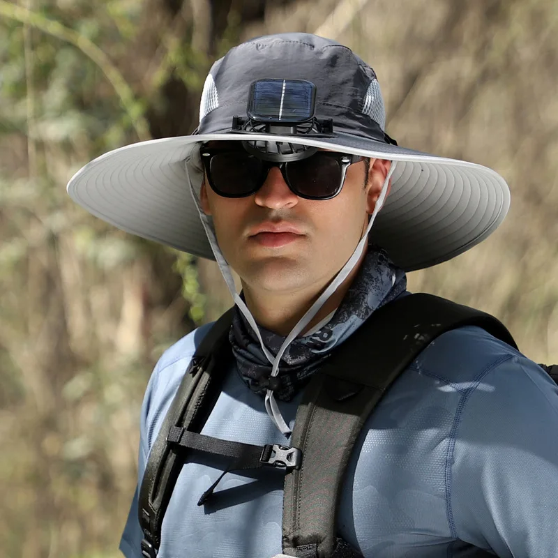 Men's Outdoor Fishing Hat Solar Fan Detachable Rechargeable UV Protection Wide Brim Sun Hats Quick Dry Breathable Hiking 4f031