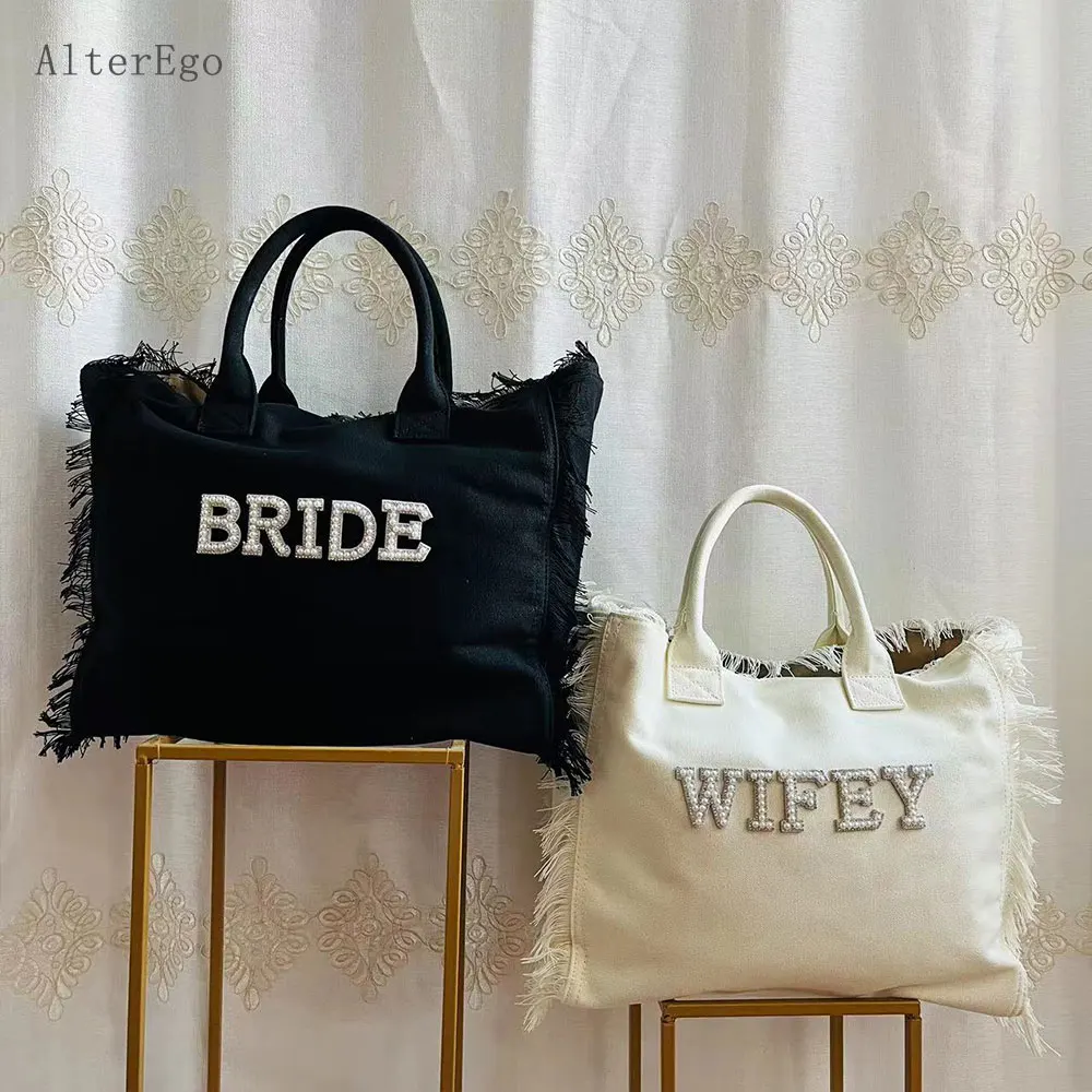 BRIDE Fringe Tote for Women\'s WIFEY Canvas Beige Tote Bag Rhinestones Letters Bride to be Black Canvas Travel Tote Bag Honeymoon