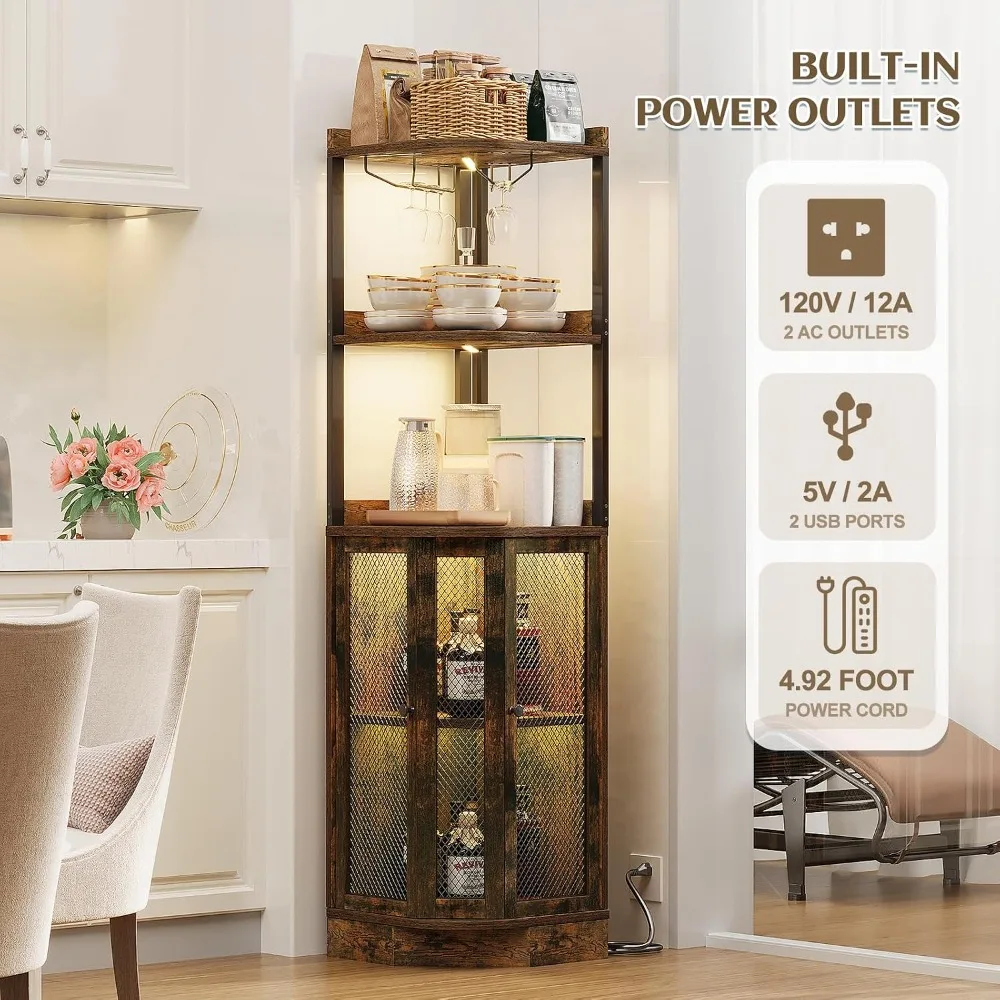 EOYUTLLY 65" H 5-Tier Corner Bar Cabinet with Power Outlet and LED Strip, Brown image 5