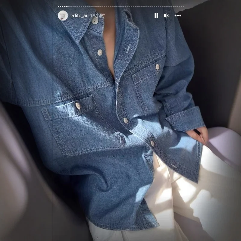 Waed Blue Cotton Denim irt Casual Versatile Thin Sle Commute Wind Long Sve Button Design Regular Length Pure Color