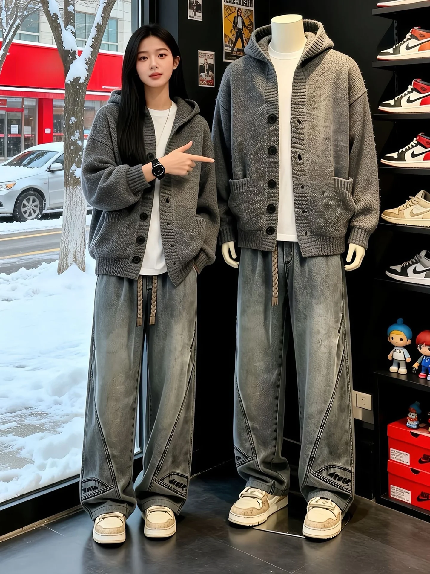 

Мужской кардиган-свитер с капюшоном в американском стиле, темно-серый, осенне-зимний, утолщенный, вязаный, плотный, в стиле оверсайз