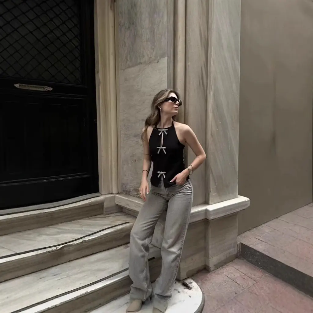 

Summer Halterneck Sleeveless Top for Women Bow-Decorated Backless Design European And American Style Hot New