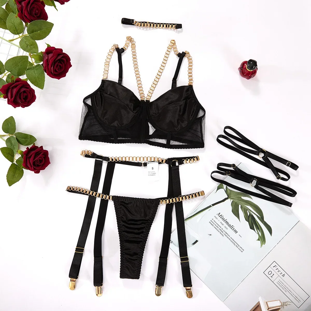 Women Underwear Sexy Lingerie Set Chain Straps Bra with Panties and Garter Leg Ring Sensual Sets Intimate Langerie