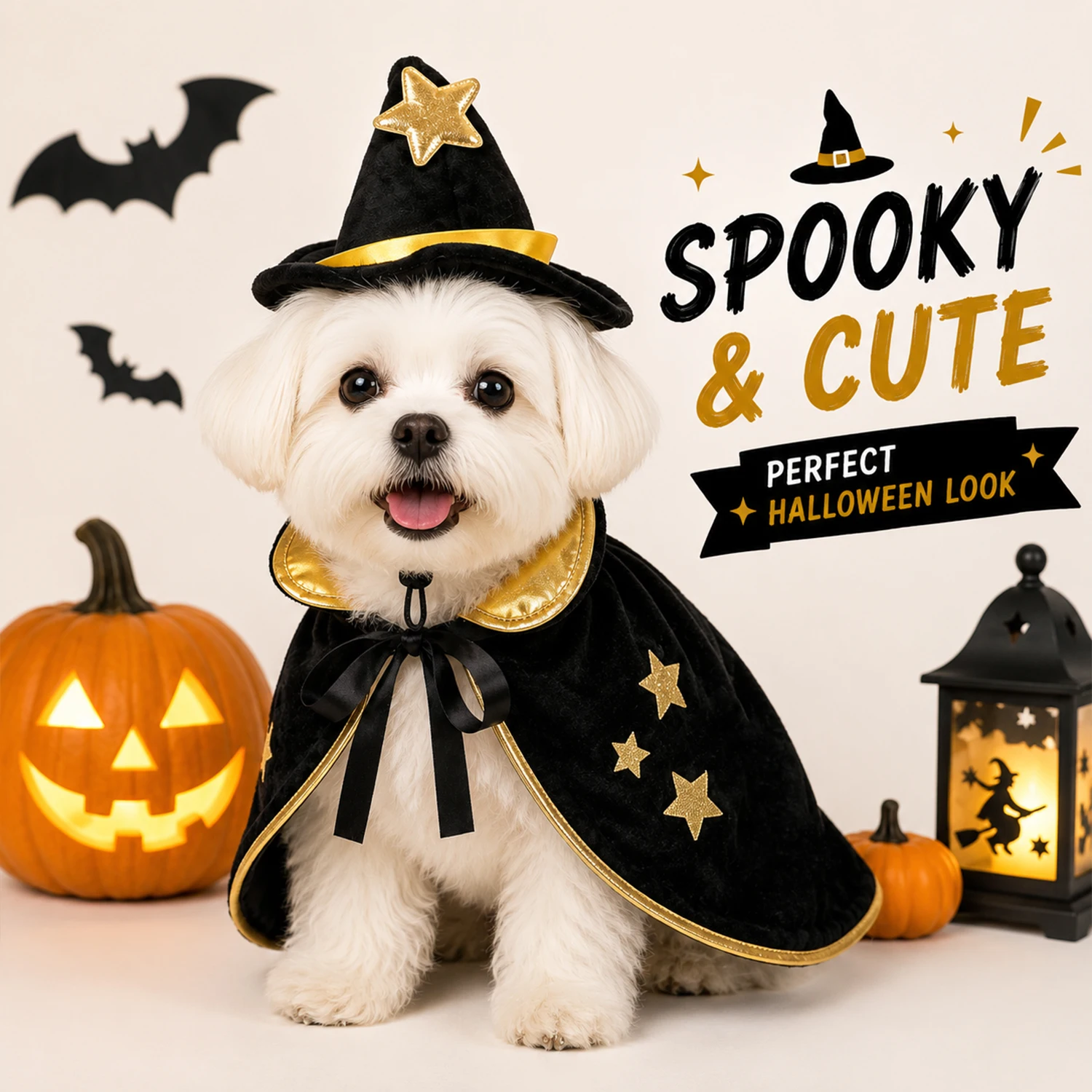 Halloween-Zauberer-Kostüm für Katzen und Hunde, schwarzer, goldfarbener Umhang mit Sternenmuster, passender Hexenhut, verstellbarer Riemen, macht Spaß. – Detail 2