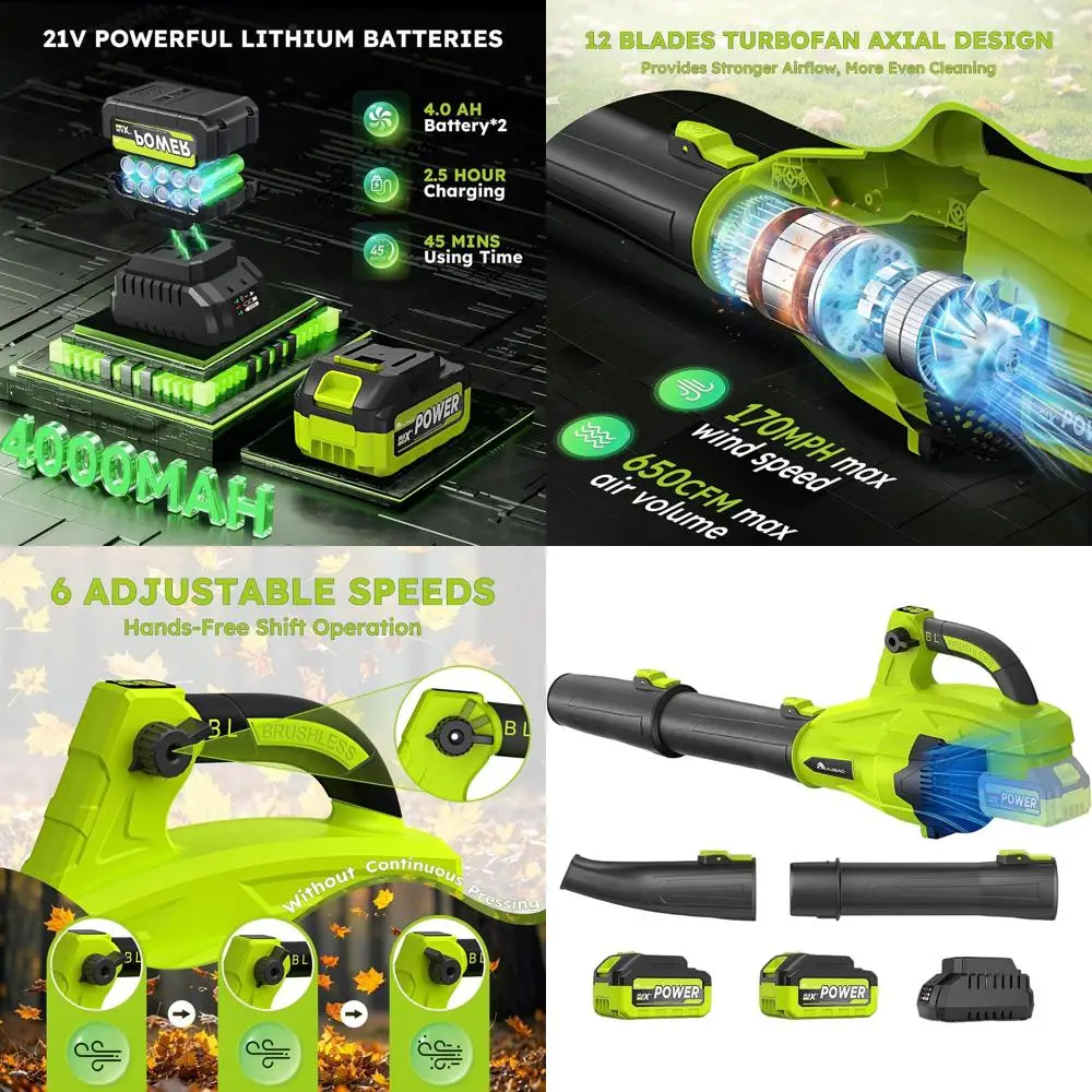 

Аккумуляторная воздуходувка для листьев с 2 аккумуляторами емкостью 4,0 Ач и быстром зарядным устройством, бесщеточным двигателем 21 В, 6-скоростным электрическим вентилятором 650CFM, 170 миль в час для L