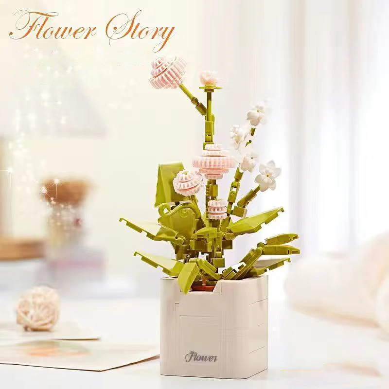 

[207 шт.] Набор строительных блоков в виде искусственных цветов, минималистичный декор для дома, модель маленького растения в горшке