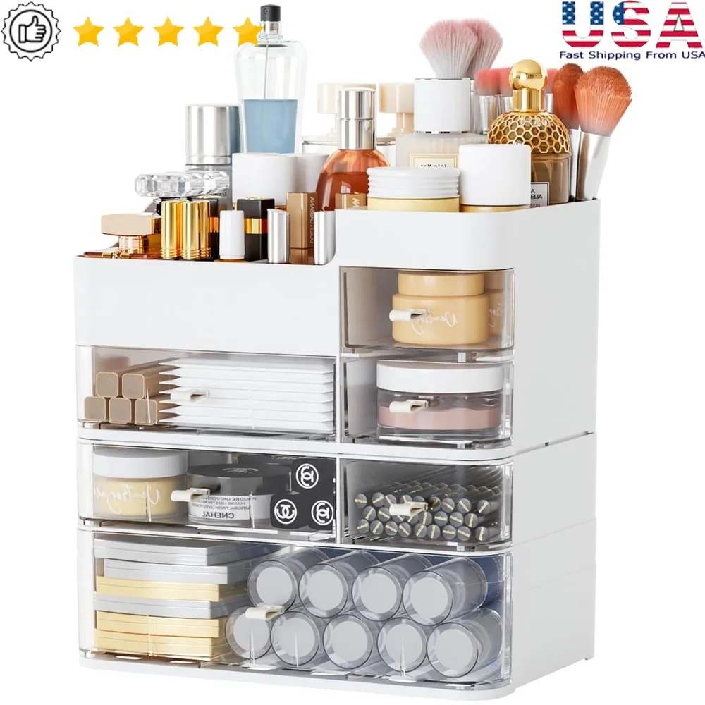

White Makeup Organizer 2 Pack Stackable Plastic Storage with 6 Drawers Vanity Dresser Bathroom Essential Gift Women
