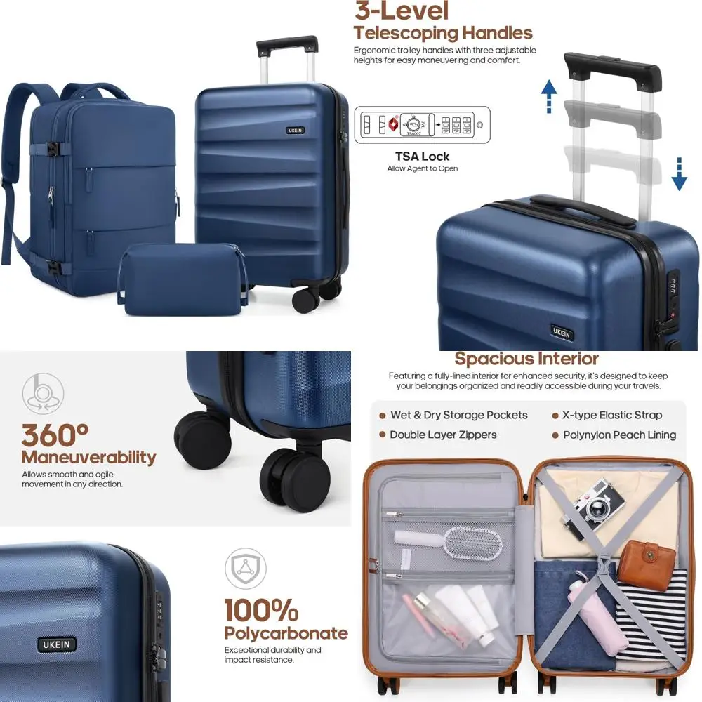 Juego de equipaje giratorio de carcasa dura de policarbonato con mochila aprobada por el transporte, maleta de viaje para uso en aerolínea