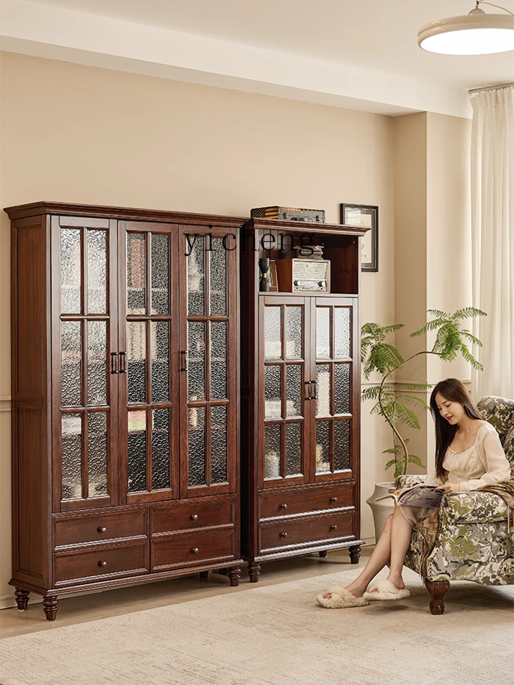 

ZK American simple all-solid wood three-door two-door bookcase with glass antique bookshelf storage wine cabinet
