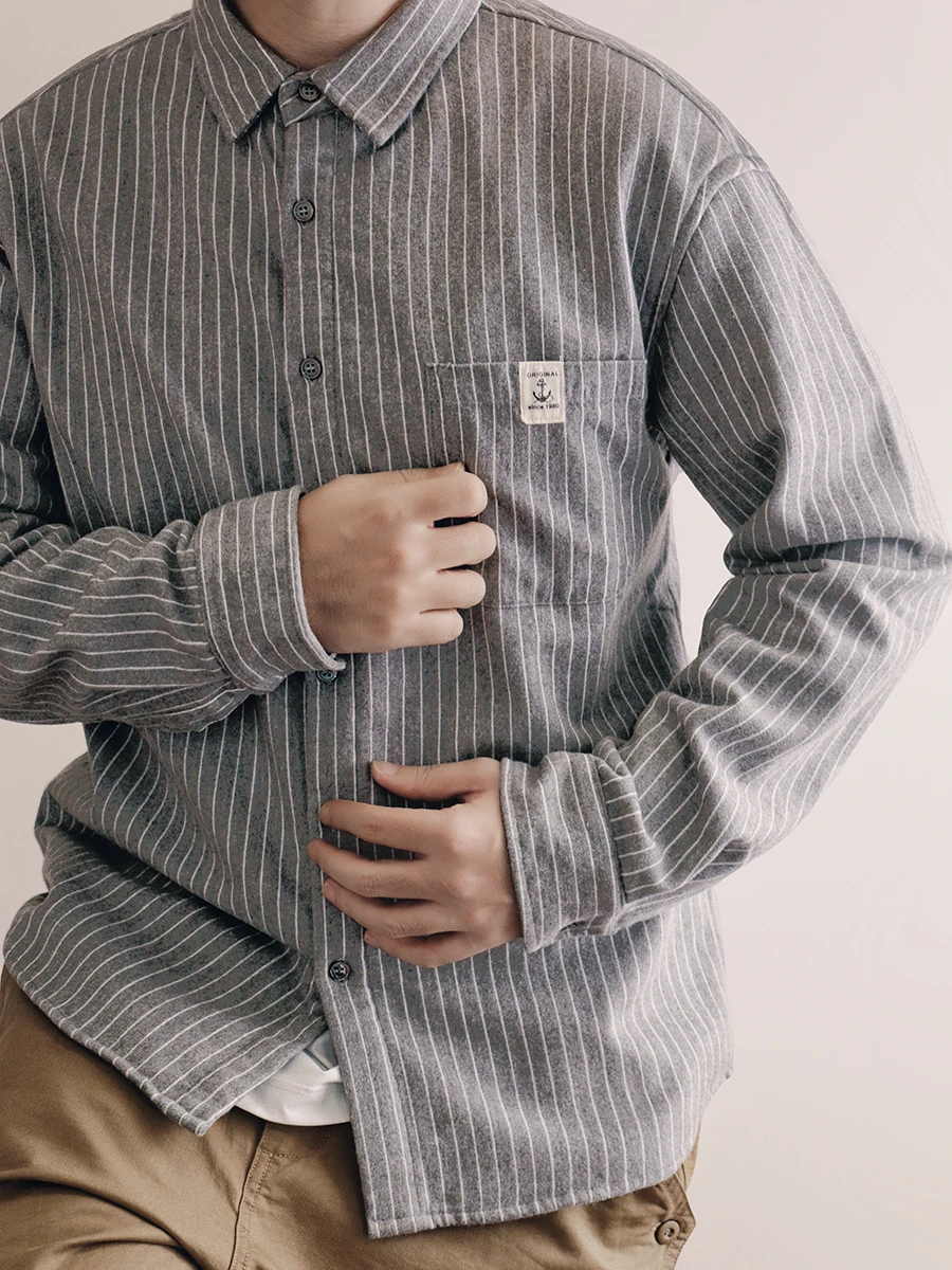 Mens Vintage Fleece Shirt Long Sleeve Striped Pure Cotton Warm Thick Casual Autumn Winter Japanese Style Fashion Tops Harajuku