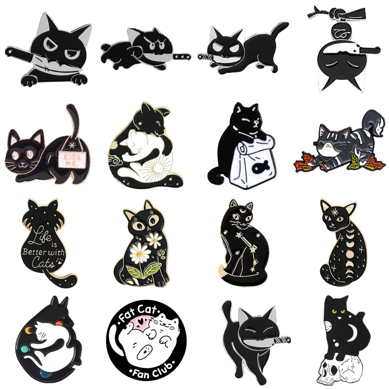 Cartoon Cute Animal Black Cat Enamel Pins Skull Flower Kitten Hug Star Moon Round Alloy Brooch Badge Fashion Woman Jewelry Gift