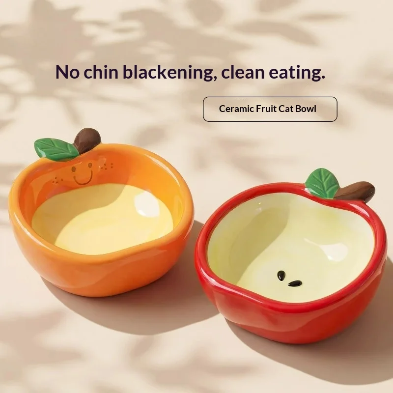 

Расписанная вручную керамическая миска для кошек на высокой подставке с наклонным краем, предотвращающая рвоту, серия «Фрукты», для защиты шеи, наклонная миска для кошек