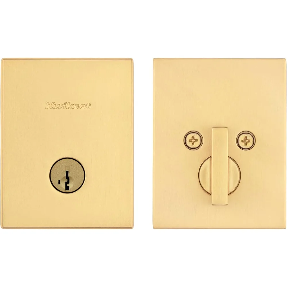 Satin Brass Rectangle Keyed Entry Deadbolt Lock Single Cylinder SmartKey Rekey