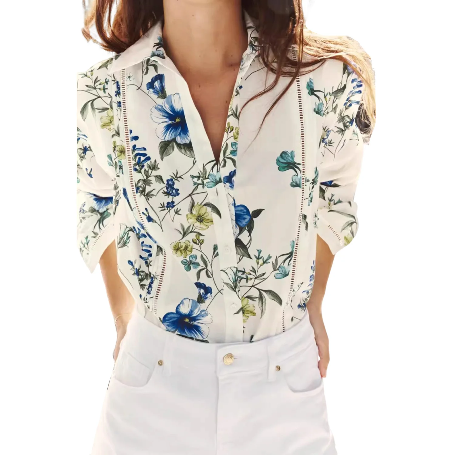 Women\'s Floral Printed Shirt Poplin Fabric Fashionable Temperament Long Sleeved Single Breasted Top New