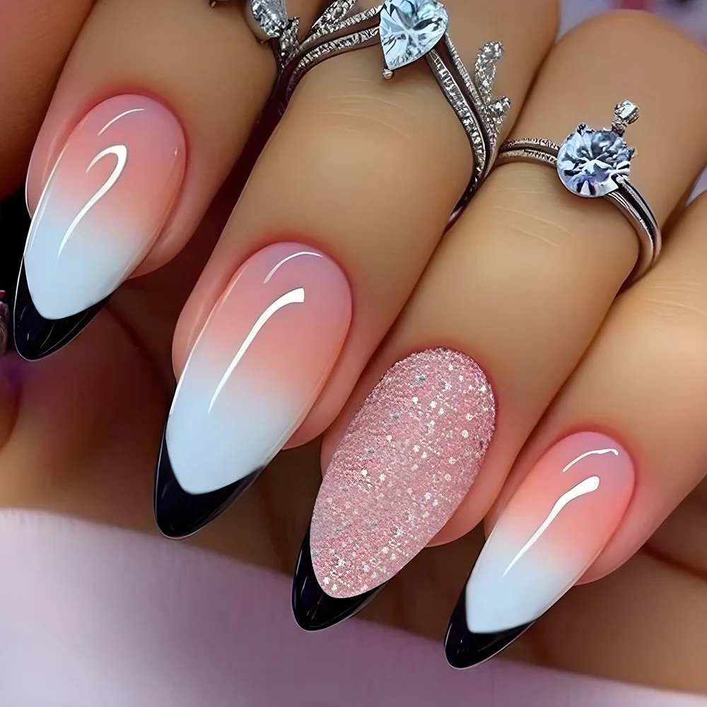 Medium fake nails for women girls gradient nude pink colors almond shape nail tips full cover reusable press on Artificial Nails